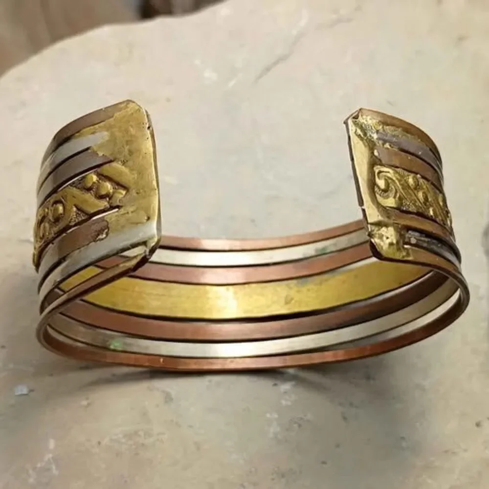 Vintage Tri Tone Mixed Metal Embossed Cuff Bracelet Artisan